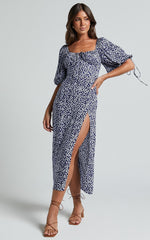 Rosario Midi Dress - Ruched Bust Puff Sleeve Dress in Blue Floral
