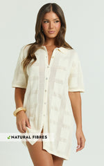 Tully Mini Dress - Knitted Button Through Shift Dress in Cream