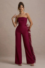 Topic Of Talk | Burgundy Strapless Bandeau Wide-Leg Jumpsuit With Feather Trim