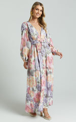 Amalie The Label - Lily Linen Blend V Neck Long Puff Sleeve Tie Back Maxi Dress in Montreuil Print