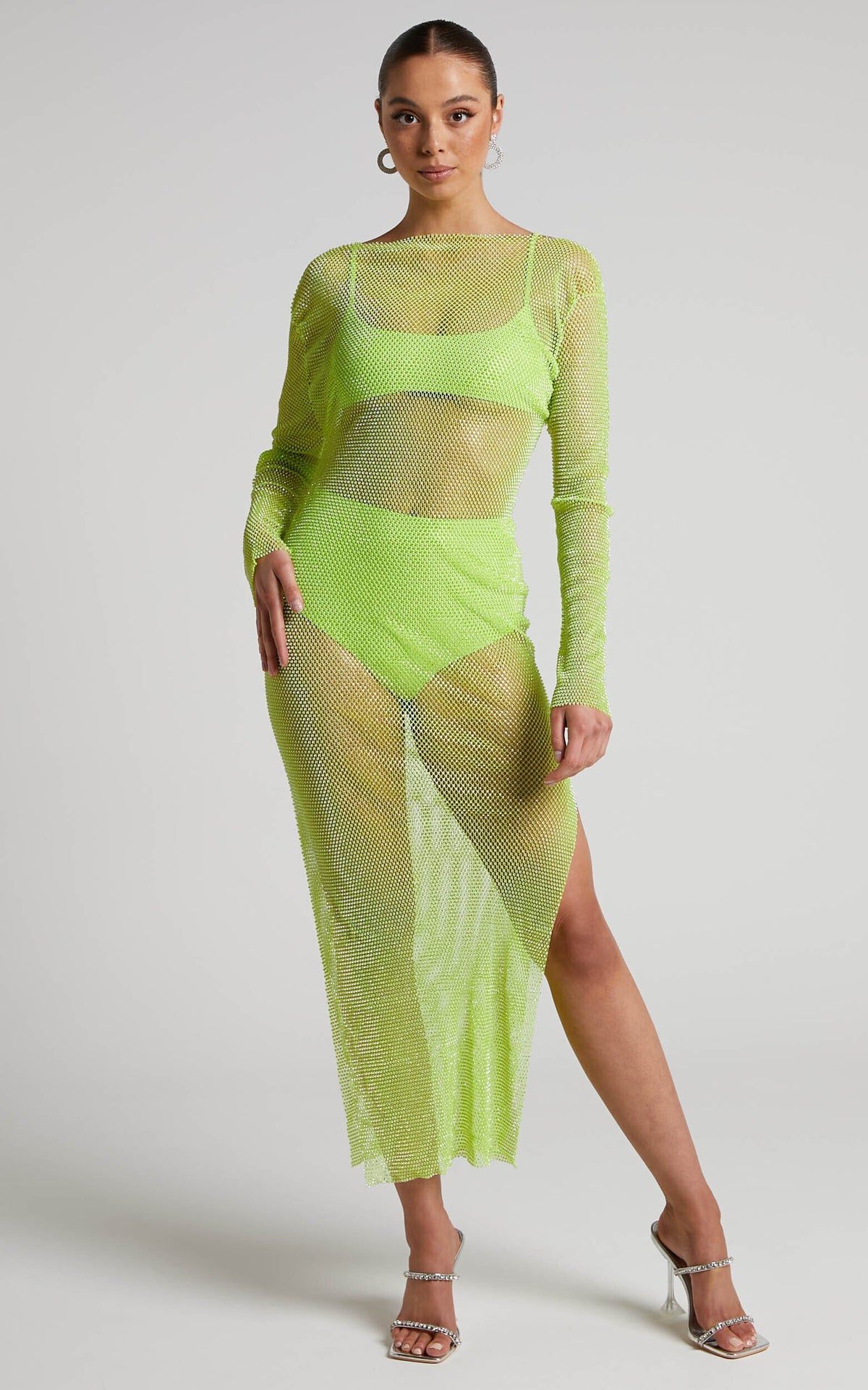 Karmen Midi Dress - Long Sleeve Split Diamante Mesh Dress in Lime