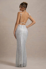 Quartz | Silver Embellished Square-Neck Open-Back Maxi Dress