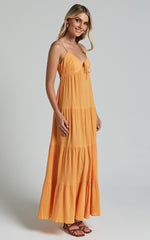 Chila Maxi Dress - Strappy Tie Front Low Back Tiered in Papaya Orange