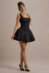 Bramble | Black Satin Square-Neck Puffball Mini Dress