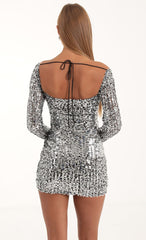 Sequin Mesh Long Sleeve Dress in Silver
