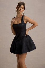 Bramble | Black Satin Square-Neck Puffball Mini Dress