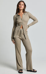 Kelsey Top - Button Through Long Sleeve Knitted Top in Taupe