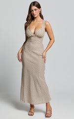 Mauriel Midi Dress - Deep V Gathered Bust Slip Dress in Natural Geo