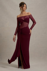 Cover Star | Burgundy Mesh Bardot Long-Sleeve Draped Maxi Dress