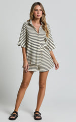 Dylan Two Piece Set - Striped Waffle Shirt and Short Set in Black & Cream Stripe
