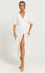 Junmae Midi Dress - Tiered Waffle Wrap Dress in Ivory