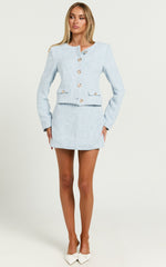 Olympia Jacket - Boucle Scoop Neck Button Down Long Sleeve Jacket in Pale Blue