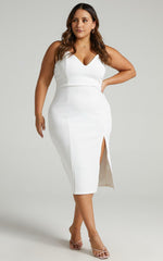 Big Ideas Midi Dress - V Neck Thigh Split Dress in White