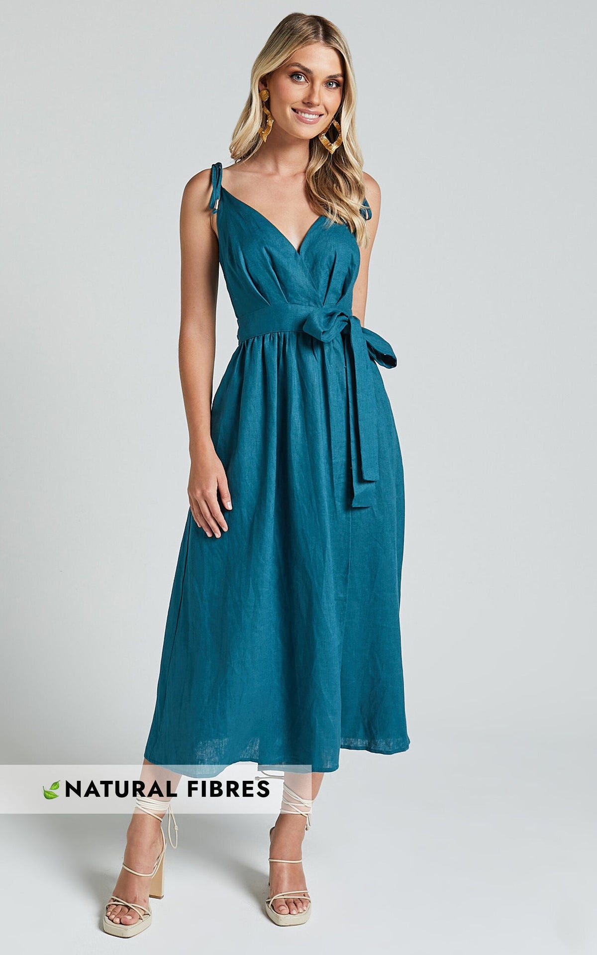 Amalie The Label - Siena Linen Tie Shoulder Wrap Midi Linen Dress in Moss