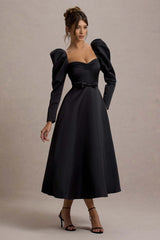 Kansas | Black Square-Neck Puff-Sleeve Belted Midi Dress
