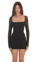 Shimmer Mesh Ruched Dress in Black