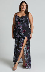 Aletta Maxi Dress - Cowl Cross Back Dress in Purple Haze Burnt Out Floral
