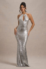 Polaris | Silver Sequin Halter-Neck Cut-Out Split Maxi Dress