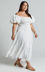 Maxima Midi Dress - Puff Sleeve Shirred Bodice Tiered Dress in White