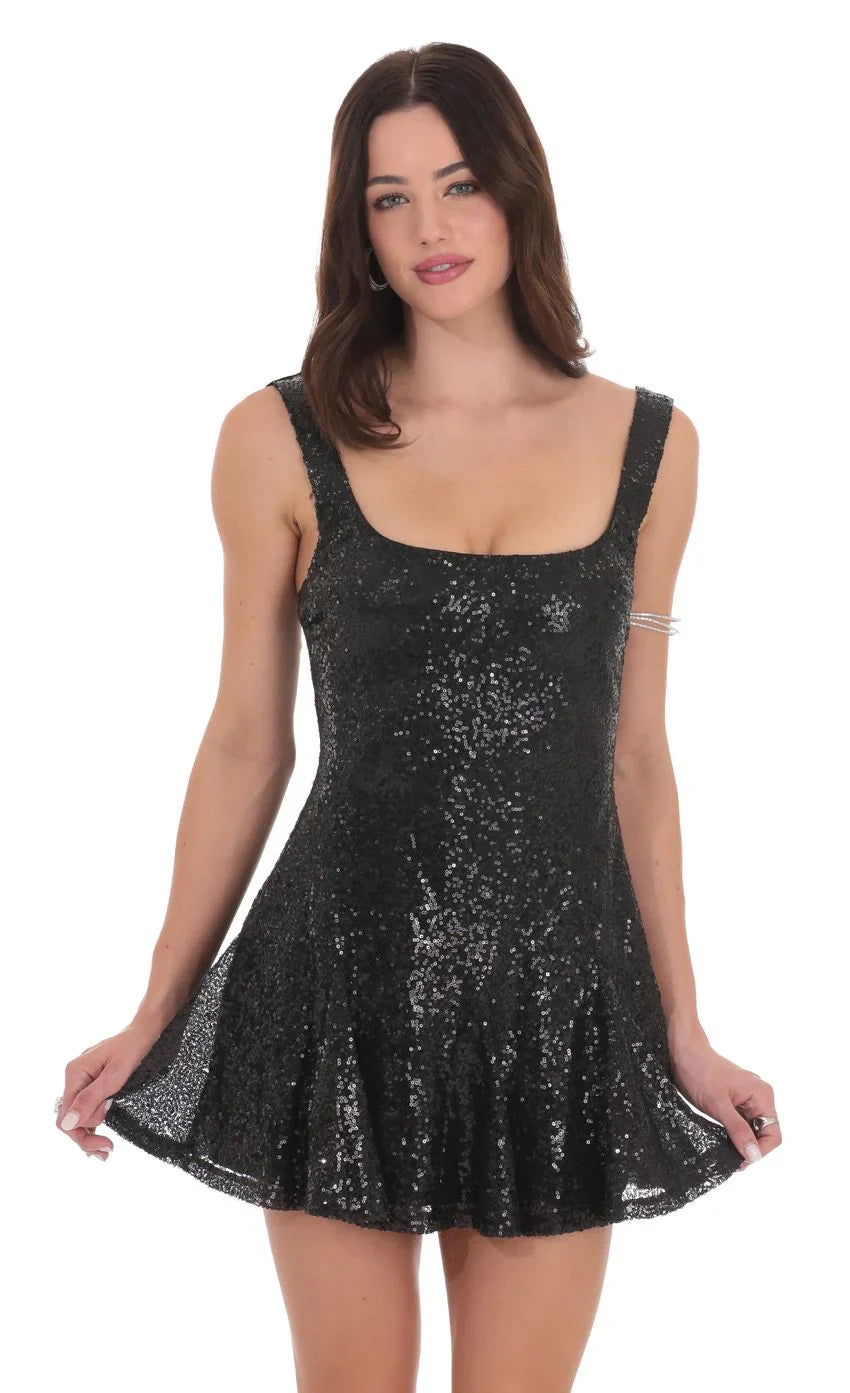 Sequin Skater Dress in Black