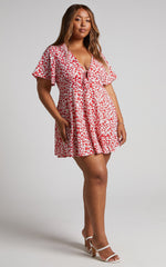 Rosario Mini Dress - Flutter Sleeve V Neck Dress in Red Ditsy Floral