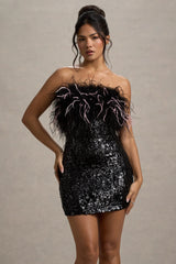 Starlit | Black Sequin Bardot Mini Dress With Feather Trim