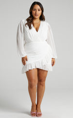 Can I Be Your Honey Mini Dress - Plunge Balloon Sleeve Dress in White