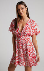 Rosario Mini Dress - Flutter Sleeve V Neck Dress in Red Ditsy Floral