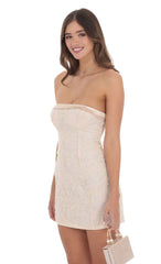 Strapless Floral Shimmer Sequin Dress in Cream