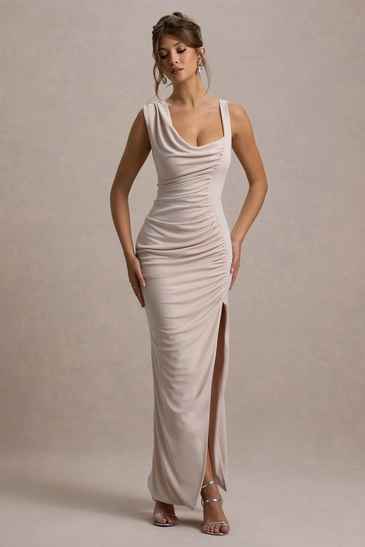 Analissa | Champagne Asymmetric Draped Maxi Dress With Split
