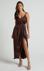 Katie Midi Dress - V Neck Tie Front Detail Dress in Chocolate