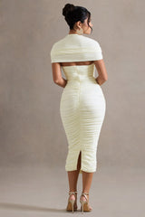 Paxos | Ecru Ruched Short-Sleeve Midi Dress