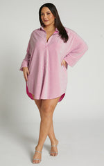 Ruri Mini Dress - Sparkly Oversized Shirt Dress in Pink