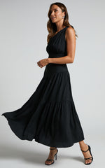 Celestia Midi Dress - Tiered One Shoulder Dress in Black