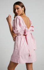 Branson Mini Dress - Short Puff Sleeve Tie Back Dress in Pink
