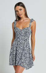Lorreta Mini Dress - Tie Shoulder Sweetheart Dress in Navy Floral