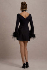 Yoko | Black Halter-Neck Mini Dress With Feather Trims