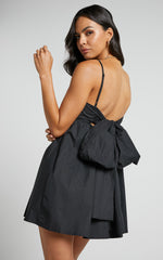 Clover Mini Dress - Back Bow Babydoll Dress in Black