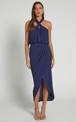 Sofiah Midi Dress - Twist Halterneck Split Dress in Navy