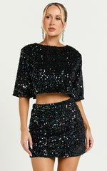 Reah Two Piece Set - Tie Back Top and High Waisted Sequin Mini Skirt in Black