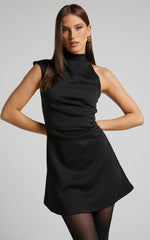 Rubie Mini Dress - High Neck Asymmetrical One Shoulder Dress in Black