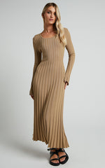 Blaire Midi Dress - Long Sleeve Tie Back Flare Dress in Roasted Cashew