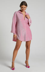 Ruri Mini Dress - Sparkly Oversized Shirt Dress in Pink