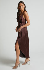 Katie Midi Dress - V Neck Tie Front Detail Dress in Chocolate
