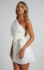 Harper Mini Dress - Linen One Shoulder Gathered Wrap Waist Dress in White