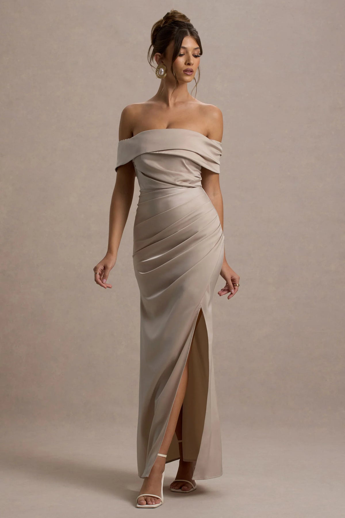 Martine | Champagne Satin Bardot Wrap Maxi Dress