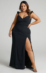 More Than This Maxi Dress - Ruffle Strap Thigh Split Dress in Black