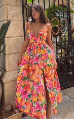 Shairah Midi Dress - Cross Back Gathered Sweetheart Dress in Bloom