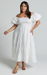 Maxima Midi Dress - Puff Sleeve Shirred Bodice Tiered Dress in White
