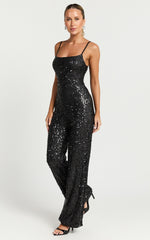 Carlie Jumpsuit - Straight Neck Strappy Sequin in Black